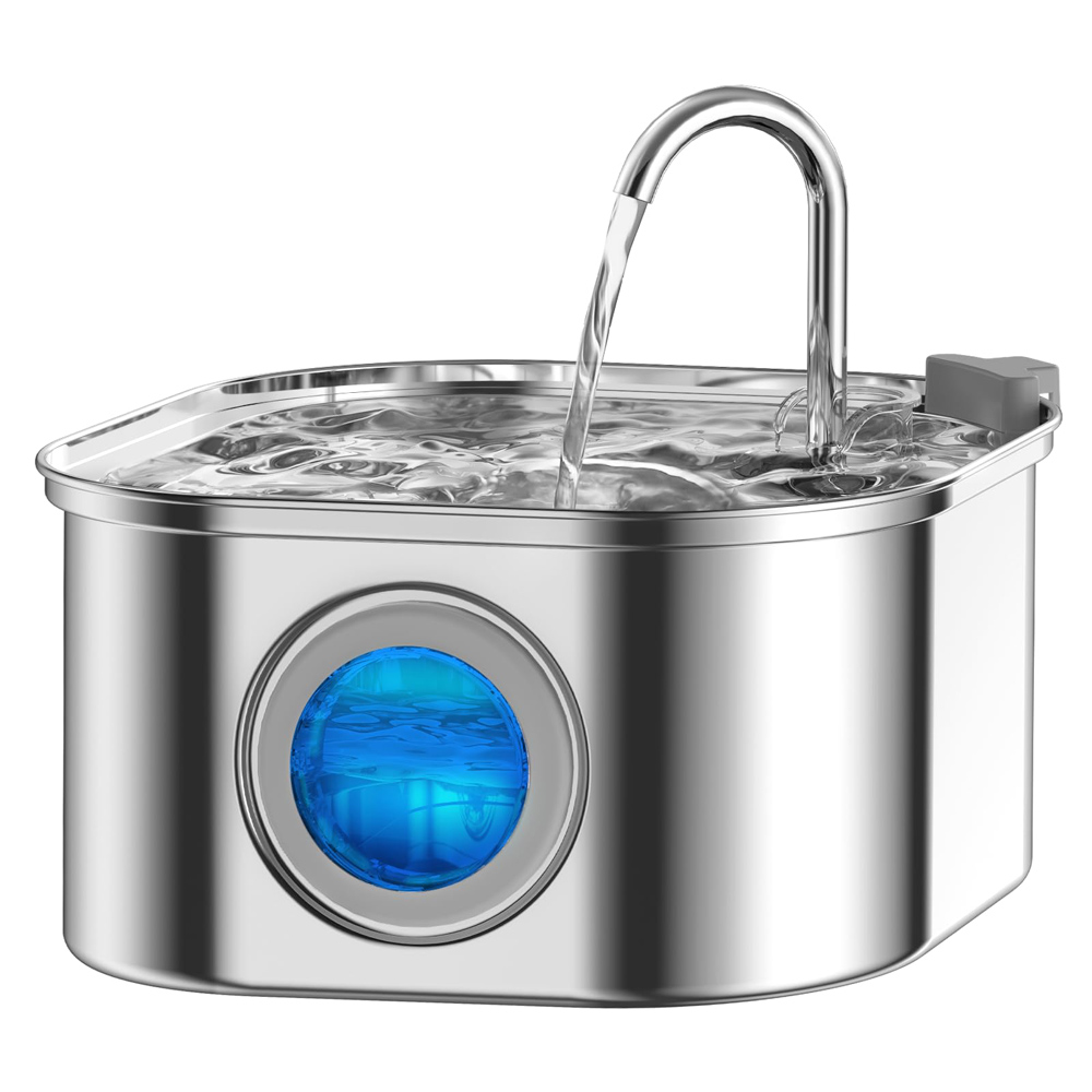 Lapbrook stainless steel cat fountain with its tap-style spout and blue water window